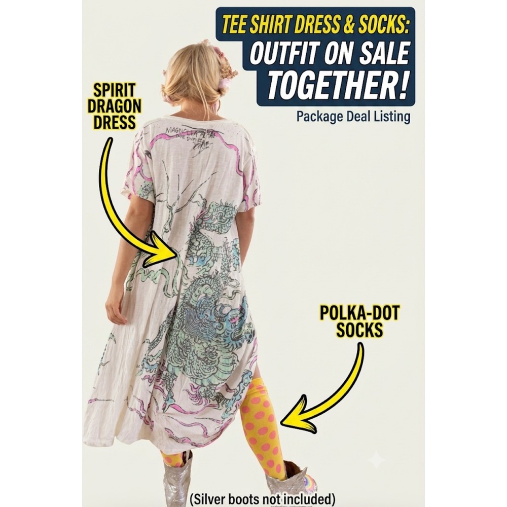 Magnolia Pearl Spirit Dragon Tee Shirt Dress PLUS Polka Dot OTK Socks Set NWT